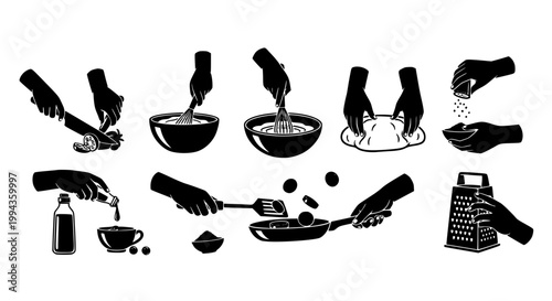 Kitchen cooking action icons showing hands using utensils and tools for food preparation silhouette vector