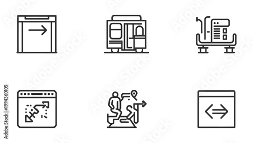 Transportation Icons: A collection of minimalist, clean line icons, each representing different aspects of transit, designed with a focus on simplicity and clarity. 