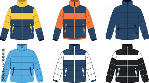 Puffer Jacket Collection Featuring Yellow, Blue, Orange, Black, and White Color Combinations for Winter Fashion and Outerwear Designs.
