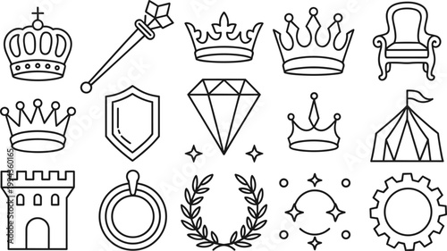Royal Icons Collection Crowns Scepter Shield Diamond Castle and Tent king queen
