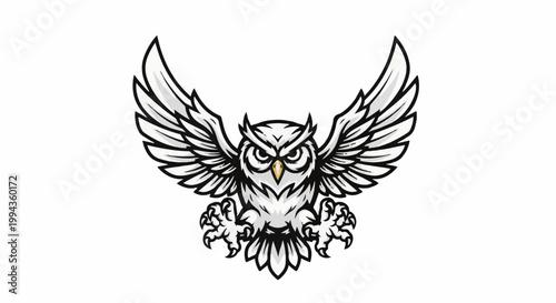 Fierce white owl with wings spread wide, claws extended, and piercing eyes