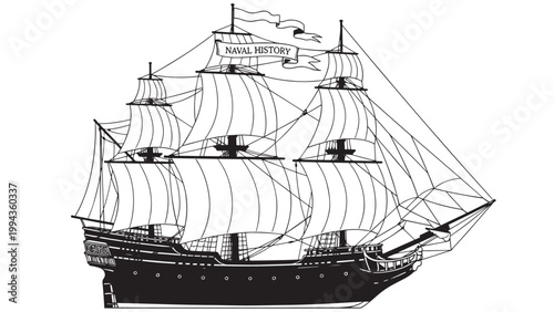 Historical Sailing Ship with Multiple Masts and Detailed Rigging in Black and White Illustration.