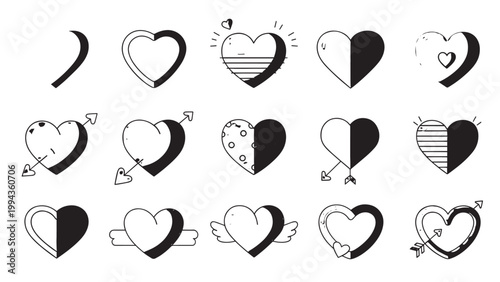 Collection of Various Heart Shapes and Symbols in Black and White.