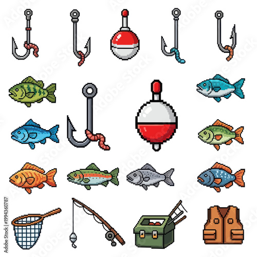 Pixel Art Fishing Icons Set: Hooks, Worms, Fish, Floats, Rod, Net, Tackle Box, Vest