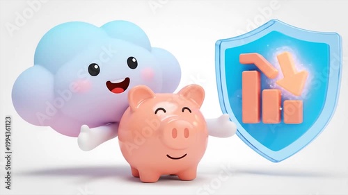 cute piggy bank and cloud characters with digital security shield illustration