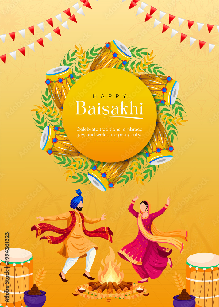 Fototapeta premium Yellow and White Illustrated Baisakhi Celebration Metal