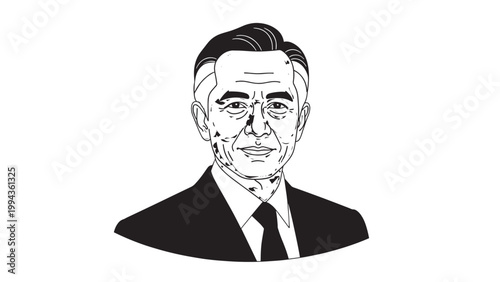 Black and White Illustration of a Mature Man in Formal Attire with Glasses.