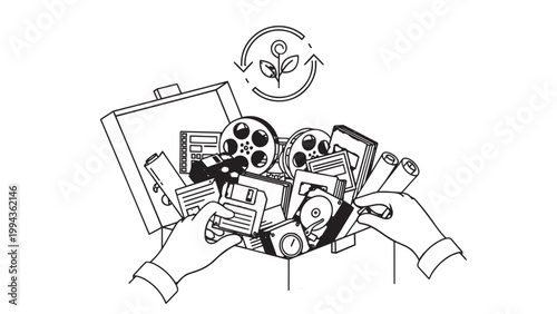 Collection of vintage film and camera equipment with artistic sketches.