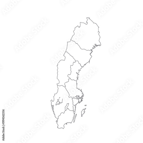 Outline map of Sweden with administrative regions, isolated on white background