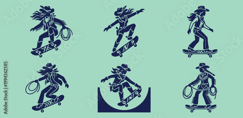 Cowgirl Skateboarding Silhouette Vector Set for Modern Western Branding and Apparel Design