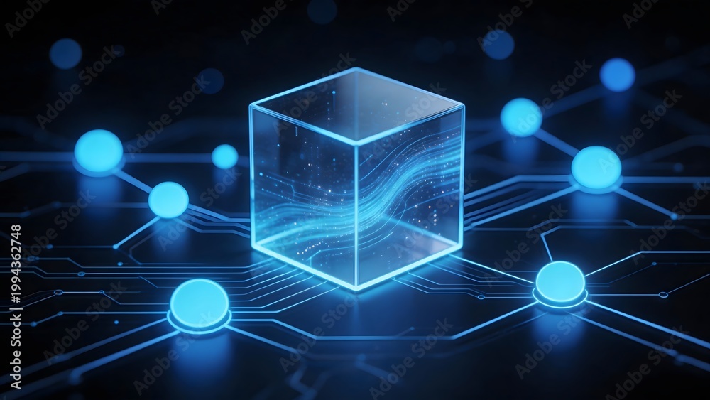 Fototapeta premium Futuristic cube with glowing circuit patterns
