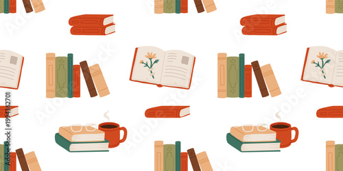 Seamless pattern with books, open book with daisy flower and coffee cup. Hand drawn vector illustration on white background. Cozy reading, book lover, botanical concept.