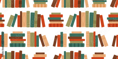 Seamless pattern with vintage book spines and stacks. Hand drawn vector illustration of colorful library books on white background. Bookshelf, reading, education concept.