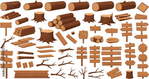 Large collection of vector wood elements including logs, stumps, timber planks, branches, and rustic wooden signs for game design and illustrations