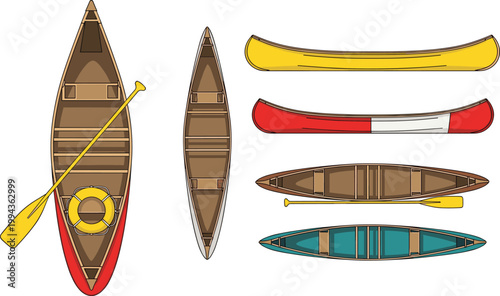 "Set of Canoe and Kayak Illustrations with Paddles and Colorful Designs for Outdoor, Water Sports, and Adventure Themes"