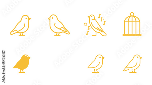 Singing Bird Outline: Delightful illustration of a canary or songbird, depicted in varying poses and accompanied by a birdcage. The illustrations capture the essence of avian beauty.