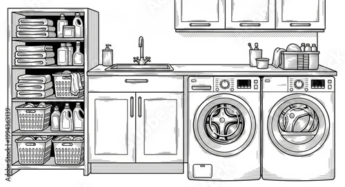 Modern Utility Room Monochrome Illustration 