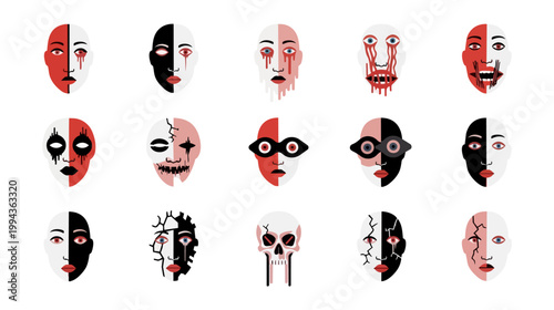 Abstract faces graphic design of human facial expressions on black background