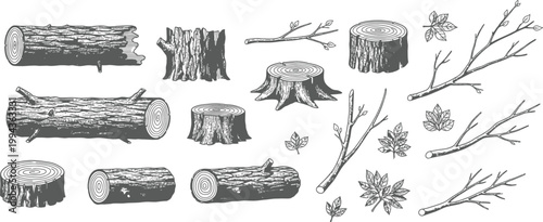 Hand Drawn Wood Elements Collection Featuring Tree Trunks Stumps Branches and Foliage in Detailed Vintage Engraving Style Vector Illustration