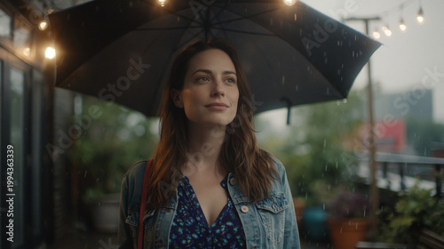 Woman with umbrella in the rain looking up