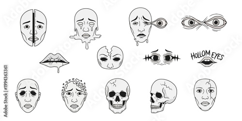 Abstract illustrations of human faces and skulls against black background
