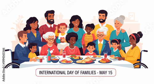 International Day of Families illustration with diverse group celebrating around dining table. Colorful cartoon family gathering includes grandparents, parents, and children.