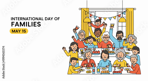 International Day of Families illustration with diverse group celebrating together in colorful setting. Family unity concept featuring children, adults, and elderly. Vector design for social media,