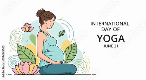 Pregnant woman meditating in yoga pose vector illustration for International Day of Yoga. Prenatal yoga practice for wellness and mindfulness. International Day of Yoga celebration concept.