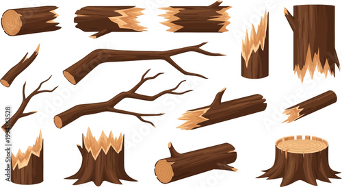 Collection of various broken wood logs tree stumps and dry branches vector illustration set isolated on white background for forest design