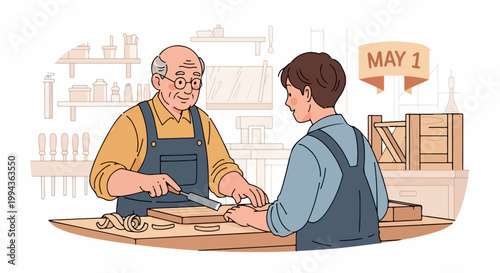 Vector illustration of carpenter teaching apprentice woodworking skills in workshop on May 1st. Skilled craftsman guiding young learner in carpentry.