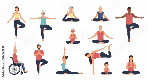 Diverse people practicing yoga poses vector illustration. Yoga for all ages and abilities, promoting wellness and flexibility. Concept yoga for healthy lifestyle.