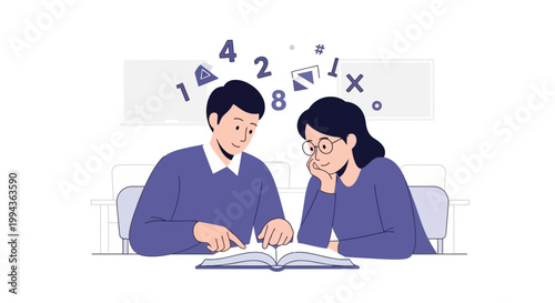 Young Students Studying Together with Books and Math Symbols