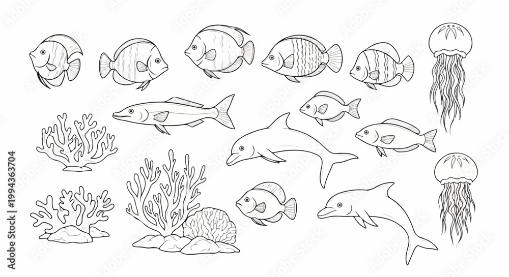 Obraz premium Marine life illustration featuring tropical fish, dolphins, jellyfish, and coral reefs in clean line art vector style. Underwater scene with diverse sea creatures for educational or decorative use.