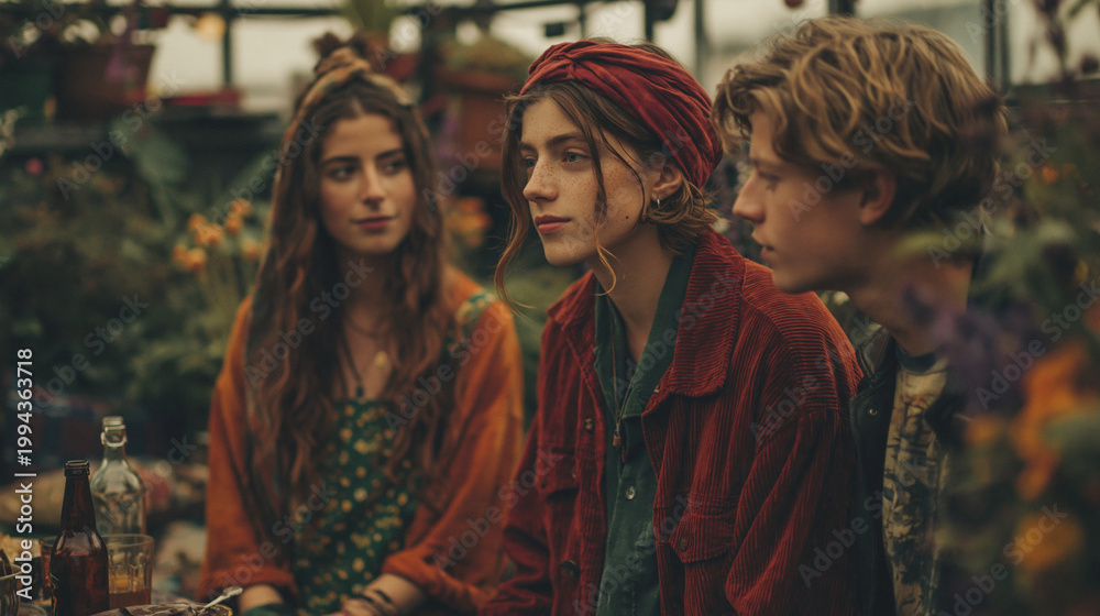 Fototapeta premium Three young people in a greenhouse