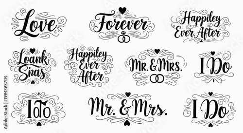 Decorative wedding phrases with ornate flourishes and hearts