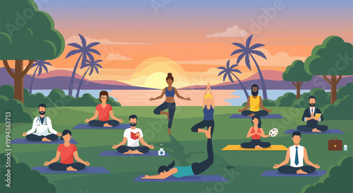 Group yoga class outdoors at sunset with diverse people meditating and practicing poses on mats, vector illustration.