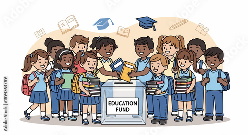 Diverse children donating to education fund with graduation caps and books. Illustration of school fundraising campaign with kids holding caps and books. Concept for charity, school event,