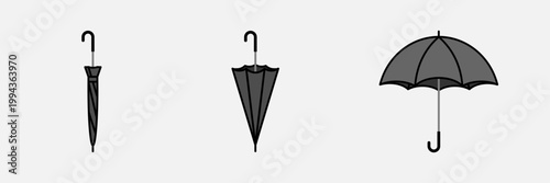 傘の開閉3ステップアイコンセット｜閉じた傘・半開き・開いた傘のベクターイラスト