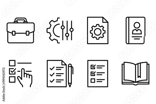 Modern flat line icons set featuring business technology and education themes in minimalist style