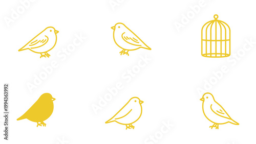Canary Bird and Cage Icon Set: A delightful illustration showcases a set of Canary birds and a cage icon, perfect for various design projects.