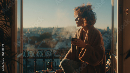 Woman enjoying coffee on balcony overlooking city at sunrise