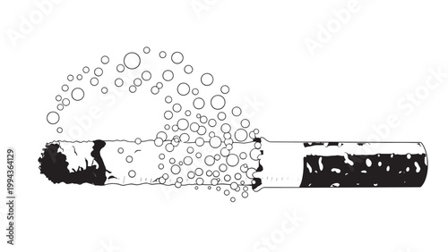 Illustration of a cigarette emitting smoke with bubbles and particles in a minimalist style.