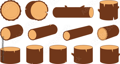 Set of Flat Vector Illustrations Featuring Various Wooden Logs and Tree Stumps in Different Orientations for Graphic Design Projects