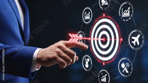 Business professional aiming at digital target icons with precision strategy concept