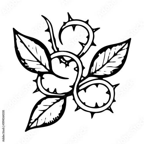 Hand Drawn Thorny Vine with Leaves Tattoo Design