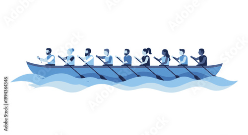 Team of Rowers in a Boat Competing on Water