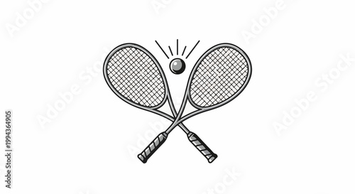 Crossed tennis racquets with ball in motion