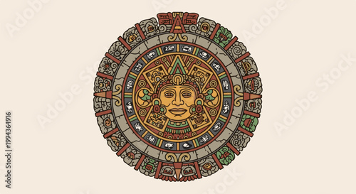 Detailed Aztec sun stone calendar with a central sun face and symbolic carvings