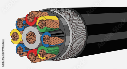 Cross-section of a multi-conductor cable revealing copper strands within colored insulation and protective sheathing