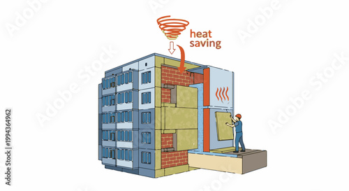 Cross-section of a building undergoing insulation for heat saving